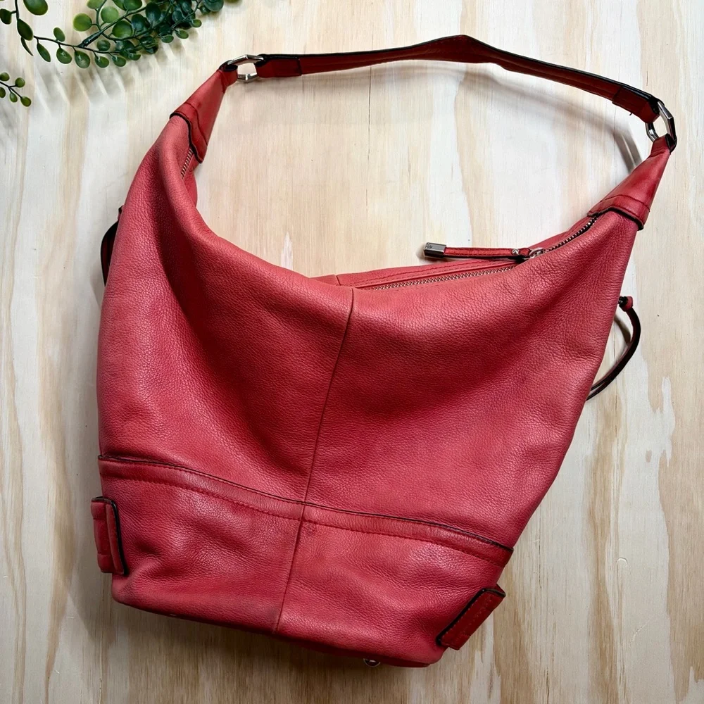 B. Makowsky Coral Red Pebbled Leather Hobo Shoulder Bag Slouch Purse